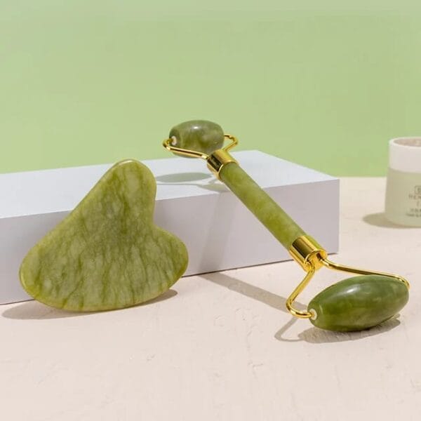 Green Jade Face Massage Roller and Guasha Set Revitalize Your Skin & Achieve a Radiant Glow
